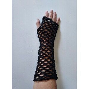 Fishnet Homemade Crochet Long Fingerless Gloves Mesh Goth Black 100% Cotton